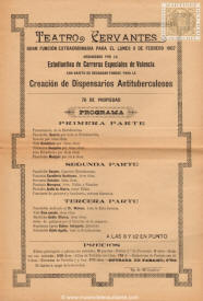 Cartel anunciaror de la función extraordinaria por la Estudiantina de Carreras Especiales de Valencia con objeto de recaudar fondos para la creación de dispensarios antituberculosos