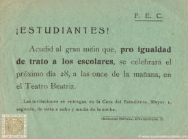 Llamamiento de la Federación de Estudiantes Católicos de Madrid al mitin "pro igualdad de trato a los escolares" y en contra de la representación escolar de la República