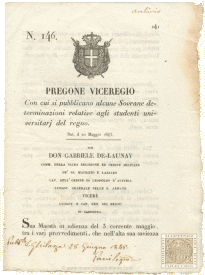 Pregone viceregio con cui si pubblicano alcune Sovrane determinazioni relative agli studenti universitari del regno