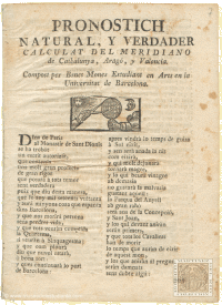 Pronostich natural, y verdader calculat del meridiano de Cathalunya, Arag¾, Valencia.