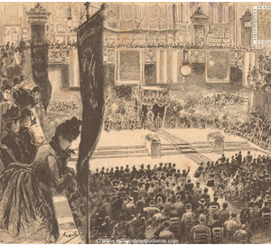Exposición Universal de Barcelona. Fiestas Escolares: celebración del certamen literario en el salón del Palacio de Bellas Artes