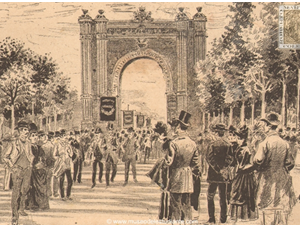 Exposición Universal de Barcelona. Fiestas Escolares: la comitiva pasando por el arco del triunfo