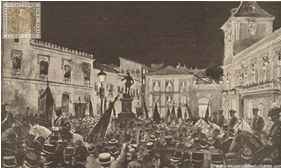 Madrid. Serenata al General Polavieja, organizada por los estudiantes la noche del 18 del corriente. Aspecto de la plaza de la villa al llegar frente al domicilio del general las bandas, las estudiantinas y el orfeón madrileño